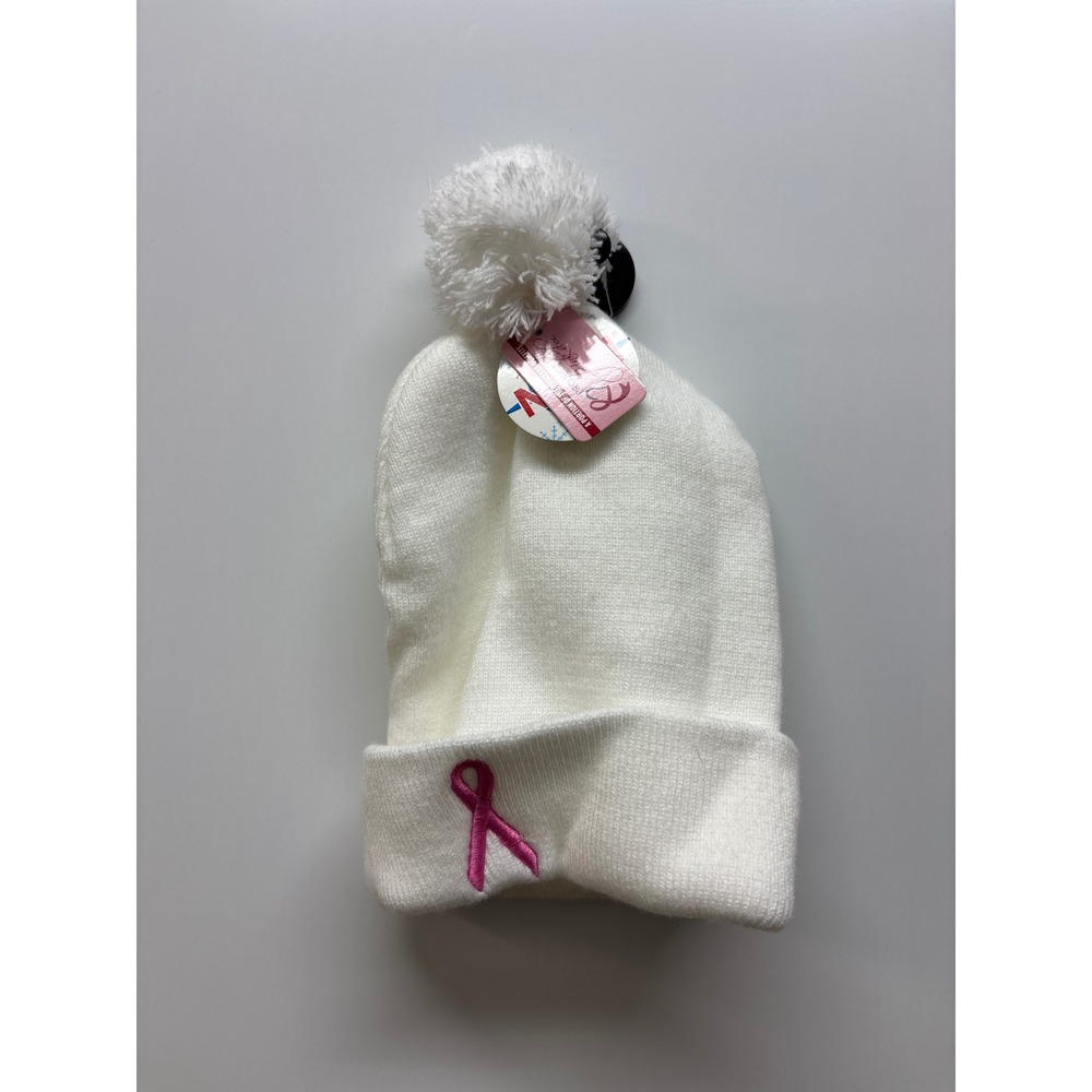 Breast Cancer Awareness Pink Ribbon White Knit Pom Pom Beanie Hat NWT